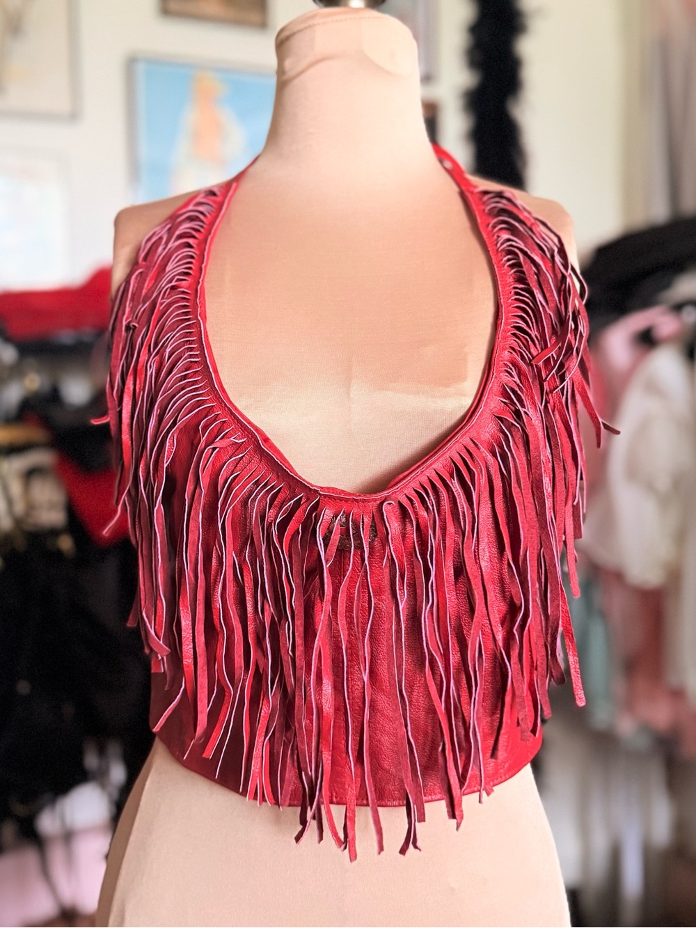 Red Fringe Leather Vintage Halter Top